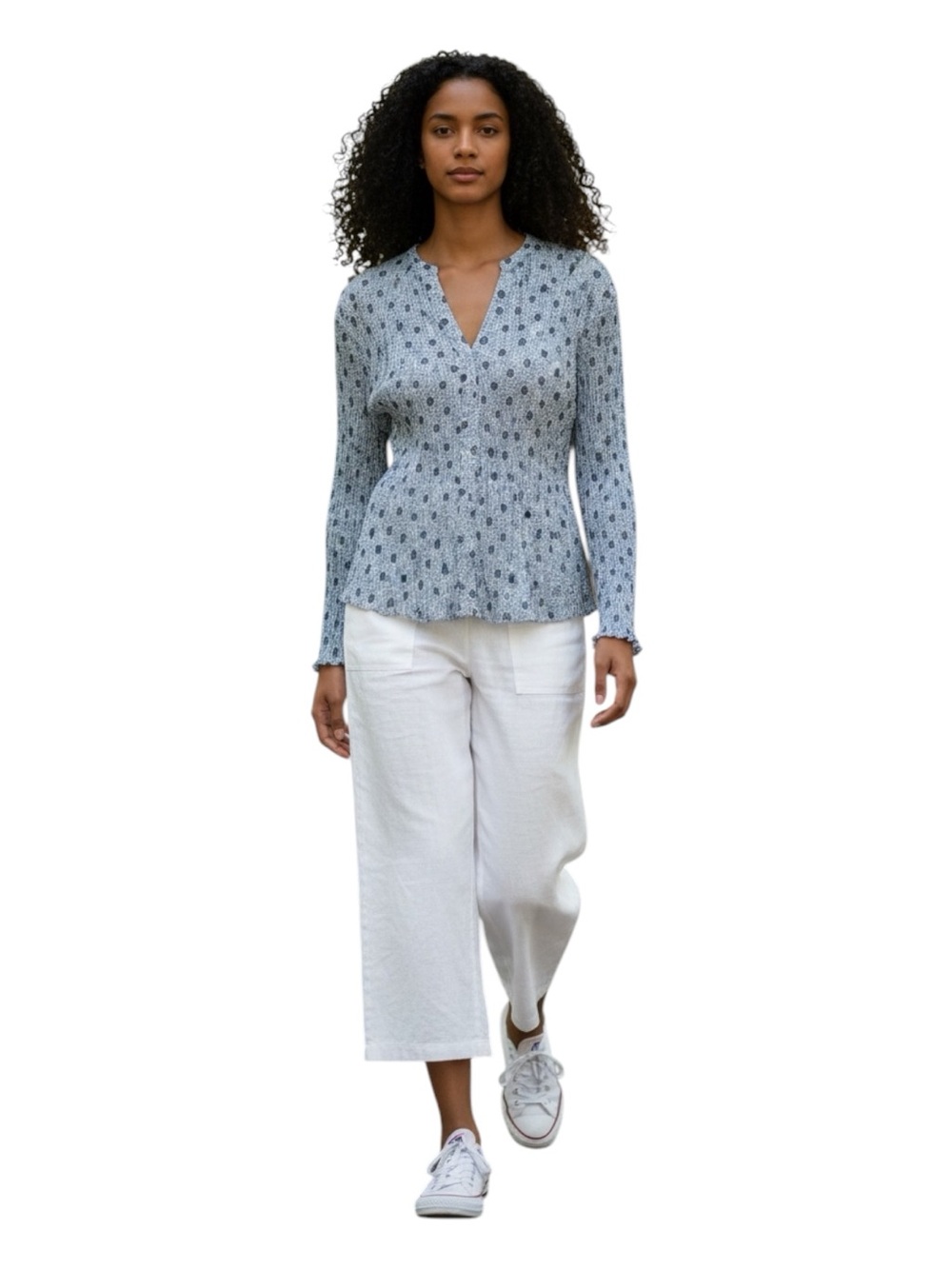 Vince Blue and Navy Floral Silk-Look Button-Front Blouse